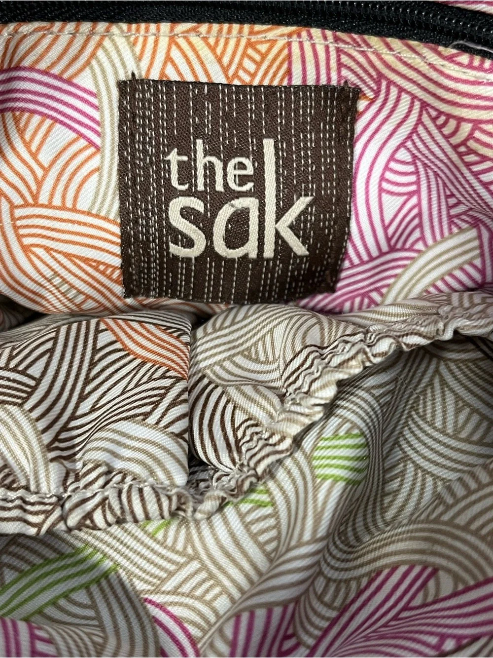 The Sak Black Leather Bag Crossbody Purse Pink Orange & Green Swirl Lined Bag
